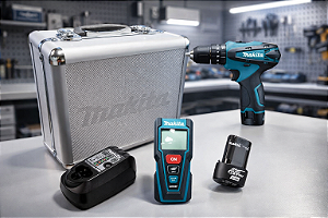 Combo de Ferramentas Makita DK0070 - Furadeira/Parafusadeira Impacto 12V + Trena a Laser + 1 bateria 12V + Carregador e Maleta Metálica +