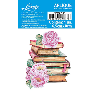 Aplique Papel Decoupage em Mdf Litoarte APM8-1344 Livros e Flores 8cm