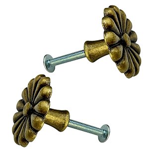 Puxador Pétalas com Parafuso em Metal Ouro Velho 3,3x2cm Kit com 2 peças