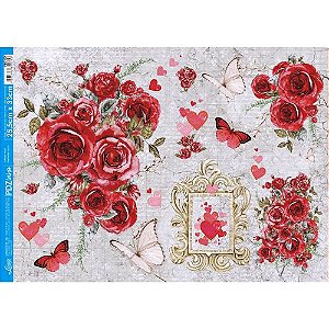 Papel Decoupage Litoarte PDZ-001 Dia dos Namorados Rosas e Coração 24,5x33cm