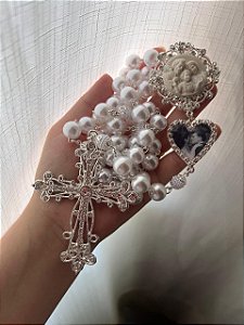 Terço Sagrada Família com relicario de coração/Prata