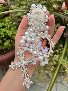 Terço de noiva personalizado sagrada família com relicário/Prata