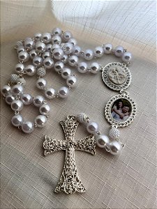 Terço de noiva personalizado sagrada Familia com relicário/Prata