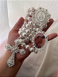 Terço personalizado de nossa senhora aparecida com relicário/Prata