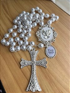 Terço de Noiva Prata Divino Espirito Santo com iniciais