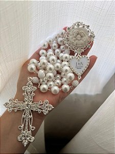 Terço de Noiva Prata Sagrada Família com iniciais