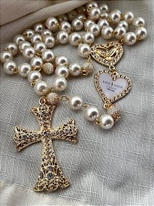 Terço de Noiva Dourado Divino espirito santo de coração com iniciais