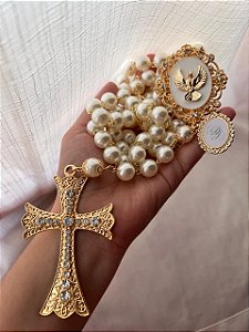 Terço de Noiva Dourado Divino Espirito Santo com iniciais