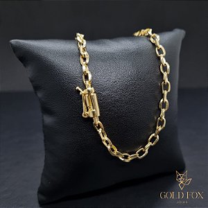 CORRENTE CADEADO OVAL 4 MM COM FECHO GANHÃO (60 CM) - BANHADO A OURO 18K
