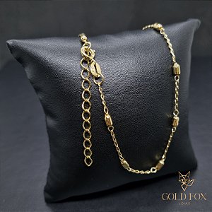 COLAR GRUMET C/ ESFERAS 1,5 MM 45 CM + EXTENSOR (FECHO ARGOLINHA) - BANHADO A OURO 18K
