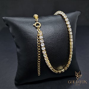 CHOKER RIVIERA ZIRCÔNIA BRANCA 3 MM 35 CM + EXTENSOR (FECHO ARGOLINHA) - BANHADO A OURO 18K