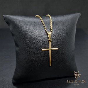 CONJUNTO CORRENTE VENEZIANA ABERTA 1 MM FECHO ARGOLINHA (60 CM) + CRUZ PALITO LISA (M) - BANHADO A OURO 18K