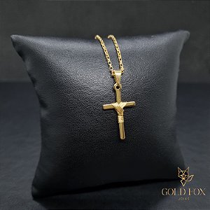 CONJUNTO CORRENTE VENEZIANA ABERTA 1 MM FECHO ARGOLINHA (60 CM) + PINGENTE CRUZ TRANÇADA CHAPADA - BANHADO A OURO 18K
