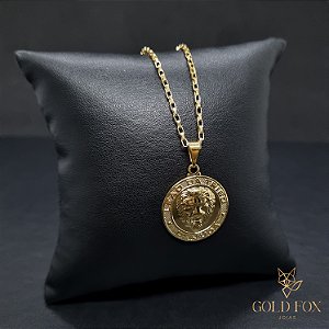 CONJUNTO CORRENTE TIJOLINHO 1,5 MM FECHO ARGOLINHA (60 CM) + PINGENTE MEDALHA LEÃO DE JUDÁ - BANHADO A OURO 18K