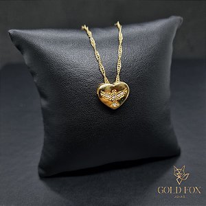 CONJUNTO CORRENTE SINGAPURA 1,5 MM COM FECHO ARGOLINHA (45 CM) + PINGENTE CORAÇÃO ESPÍRITO SANTO - BANHADO A OURO 18K