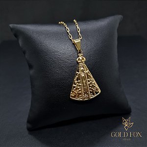 CONJUNTO CORRENTE CADEADO 2,5 MM COM FECHO ITALIANO (60 CM) + PINGENTE NOSSA SENHORA MANTO - BANHADO A OURO 18K