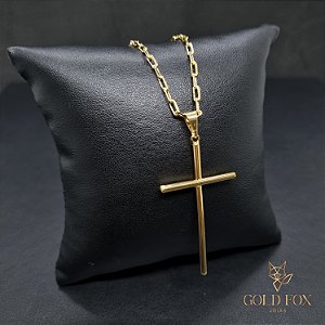 CONJUNTO CORRENTE CADEADO 3 MM FECHO ARGOLINHA (60 CM) + PINGENTE CRUZ PALITO (G) - BANHADO A OURO 18K