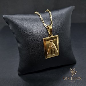 CONJUNTO CORRENTE CADEADO 3 MM FECHO ARGOLINHA (60 CM) + PINGENTE PLACA NOSSA SENHORA PADRÃO - BANHADO A OURO 18K