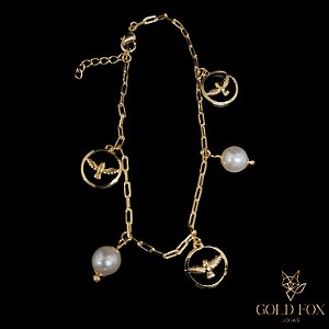 PULSEIRA CADEADO ESPÍRITO SANTO E PÉROLAS - BANHADO A OURO 18K