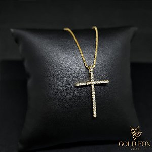 COLAR VENEZIANA COM CRUZ CRAVEJADA EM ZIRCÔNIA 1 MM (45 CM) - BANHADO A OURO 18K