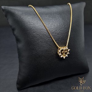 COLAR CORAÇÃO VAZADO CRAVEJADO CRUZ - BANHADO A OURO 18K