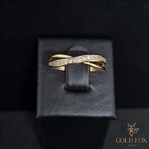 ANEL FIO LISO E CRAVEJADO CRUZADO - BANHADO A OURO 18K