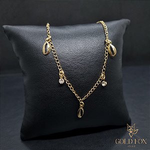 TORNOZELEIRA BÚZIOS E PONTO DE LUZ PENDURADOS - BANHADO A OURO 18K