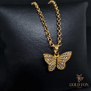COLAR ELO PORTUGUÊS COM PINGENTE BORBOLETA ORIGAMI - BANHADO A OURO 18K