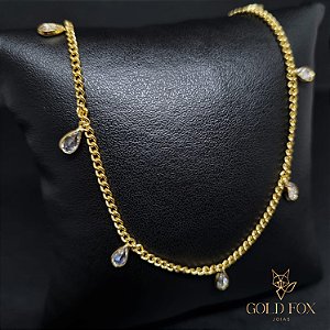 COLAR GRUMET COM GOTAS DE ZIRCÔNIA 2 MM FECHO ARGOLINHA (40 CM) - BANHADO A OURO 18K