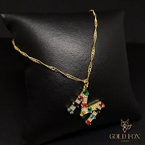 COLAR GRUMET DUPLA COM PINGENTE LETRA DE ZIRCÔNIA COLORS - BANHADO A OURO 18K
