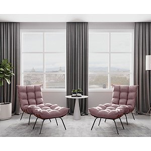 Kit 2 Poltronas Para Sala Costela Com Puff Em Suede Encanto Rose - Home Mobily