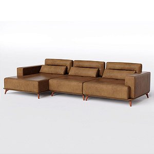 Sofá Living Fixo Houston com Chaise 3,47m em Couro Nozes
