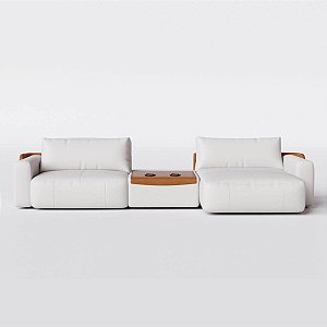 Sofá Cama Ibiza Sem Caixa com Console 3,10m em Linho Off White Areia e Corino Marrom