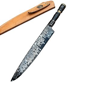 Faca Artesanal Forjada 10 Polegadas em Aço Damasco GonMai Cabo em Chifre Bovino e Zamak Dourado