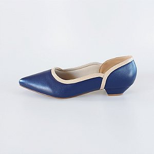 SCARPIN SALTO BAIXO FINO COURO AZUL MARINHO NUDE CONFORTAVEL