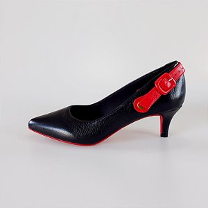 SCARPIN SALTO BAIXO FINO COURO PRETO VERMELHO CONFORTAVEL