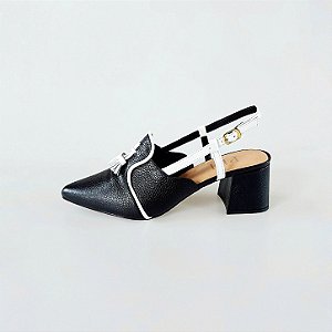 SCARPIN SALTO BAIXO BLOCO COURO PRETO BRANCO CONFORTAVEL