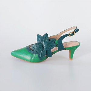 SCARPIN SALTO BAIXO FINO COURO VERDE ESMERALDA MILITAR CONFORTAVEL