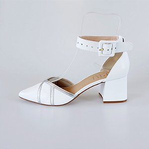 SCARPIN SALTO BAIXO BLOCO COURO BRANCO PRATA CONFORTAVEL