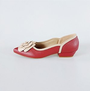 SCARPIN SALTO BAIXO BLOCO COURO VINHO NUDE CLARO CONFORTAVEL