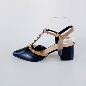SCARPIN SALTO BAIXO BLOCO COURO PRETO NUDE ESCURO CONFORTAVEL