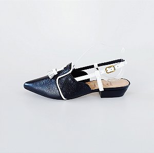 SCARPIN SALTO BAIXO BLOCO COURO PRETO BRANCO CONFORTAVEL