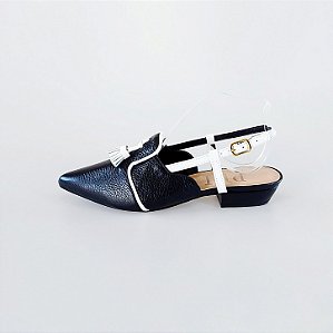 SCARPIN SALTO BAIXO BLOCO COURO PRETO BRANCO CONFORTAVEL