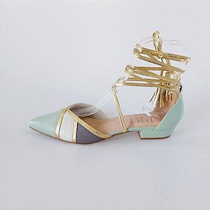 SCARPIN SALTO BAIXO BLOCO COURO MENTA OFF CINZA DOURADO CONFORTAVEL