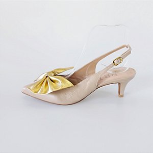 SCARPIN SALTO BAIXO FINO COURO NUDE CLARO DOURADO CONFORTAVEL