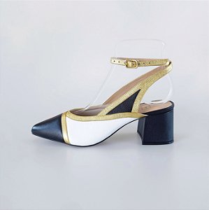 SCARPIN SALTO BAIXO BLOCO COURO PRETO BRANCO DOURADO CONFORTAVEL