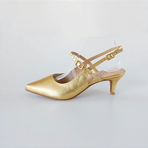 SCARPIN SALTO BAIXO FINO COURO DOURADO CONFORTAVEL