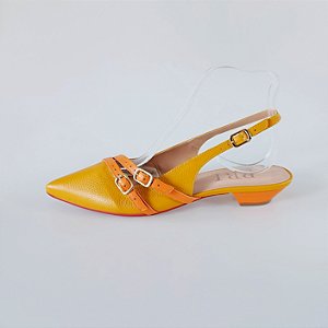 SCARPIN SALTO FINO COURO MOSTARDA LARANJA CONFORTAVEL