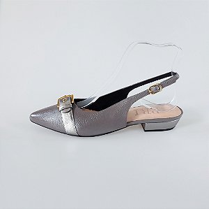 SCARPIN SALTO BLOCO COURO CINZA METALIZADO GRAFITE CONFORTAVEL