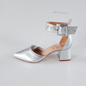 SCARPIN SALTO BLOCO COURO PRATA CONFORTAVEL